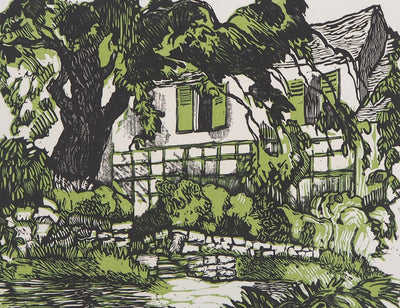 Pierre GENOLHAC : La maison de campagne, Gravure sur bois originale signée