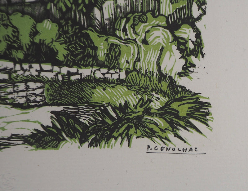 Pierre GENOLHAC : La maison de campagne, Gravure sur bois originale signée
