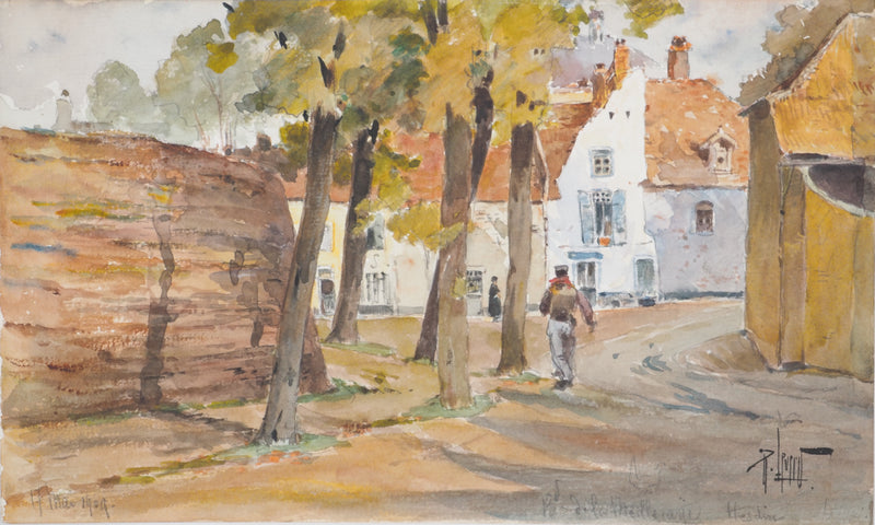 René LEVERD : Les allées d’Hesdin, Aquarelle originale signée