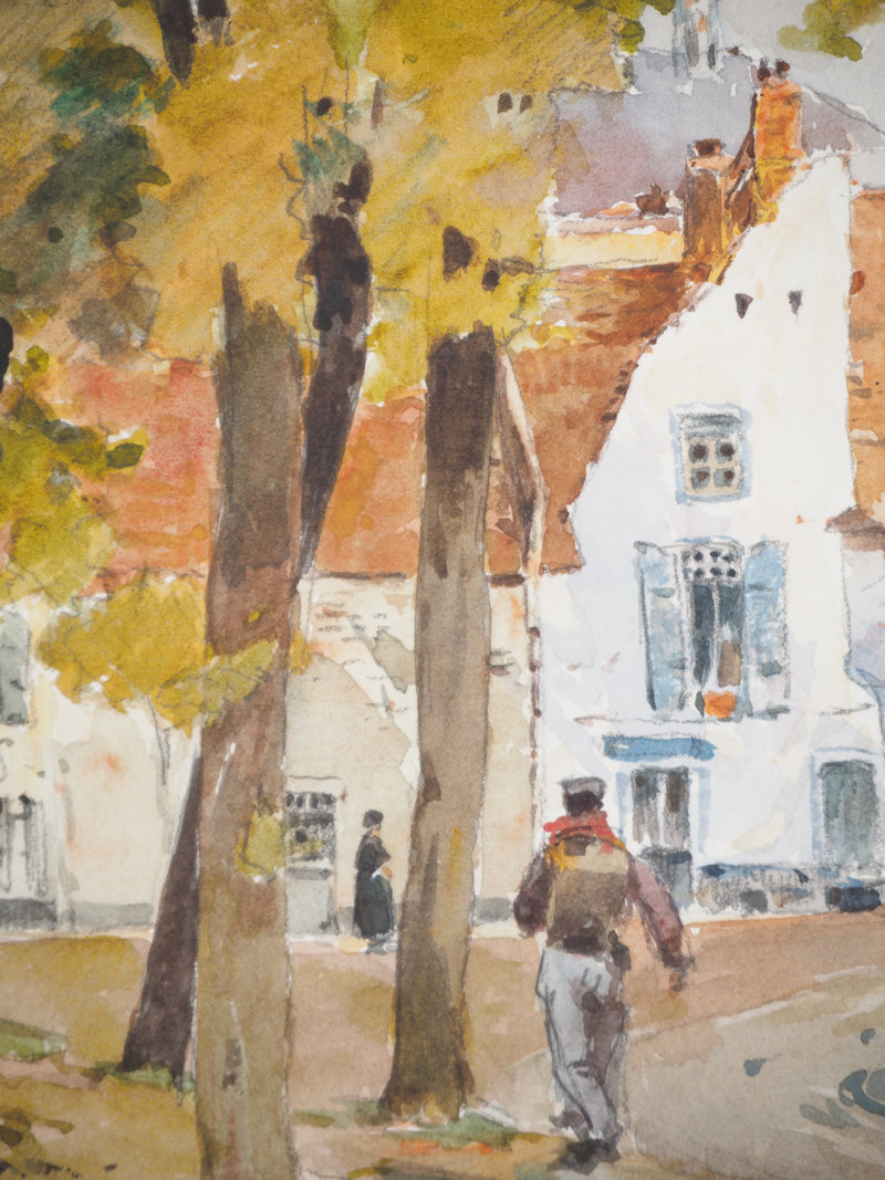 René LEVERD : Les allées d’Hesdin, Aquarelle originale signée