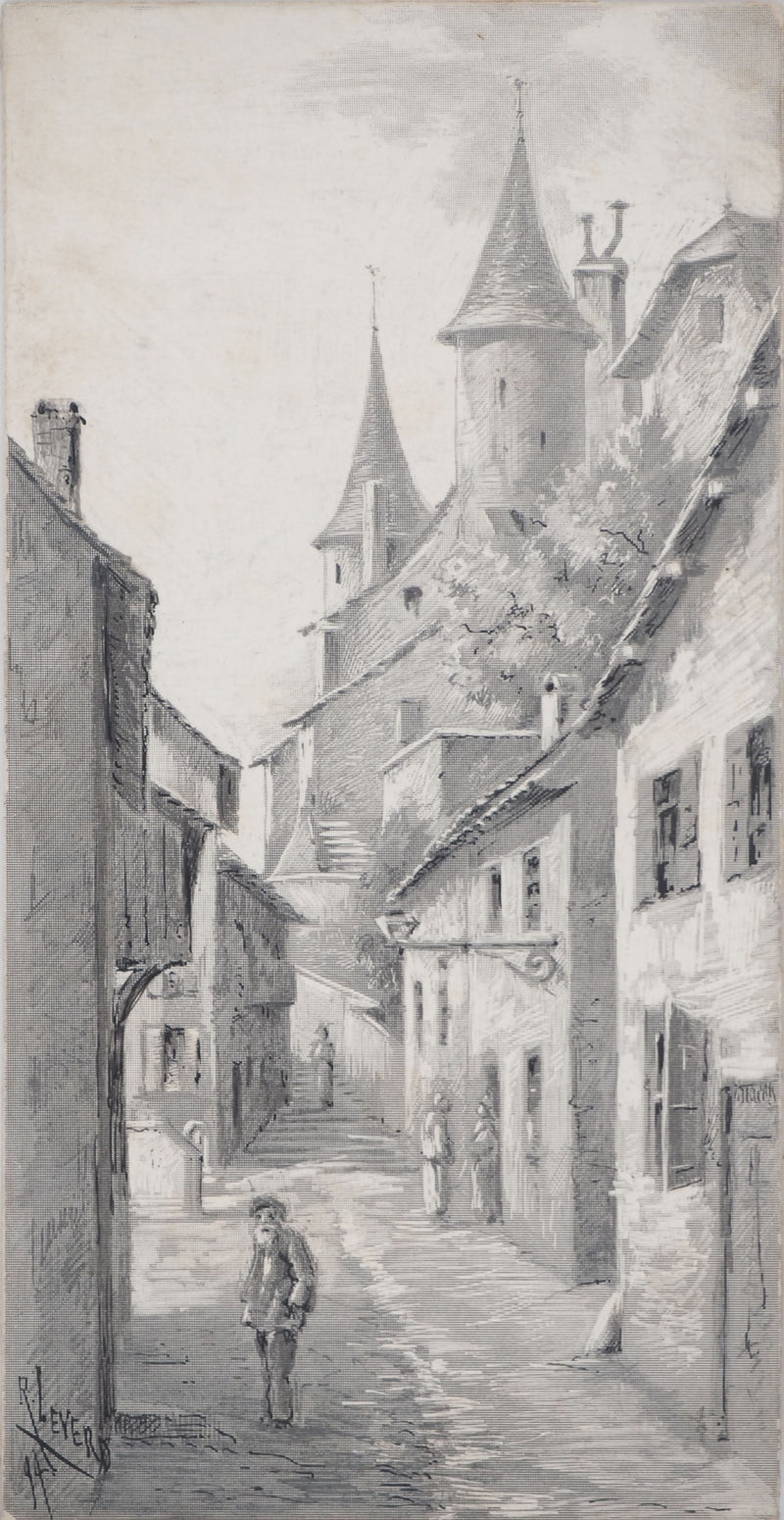 René LEVERD : Dans les rues du château, Typographie originale signée