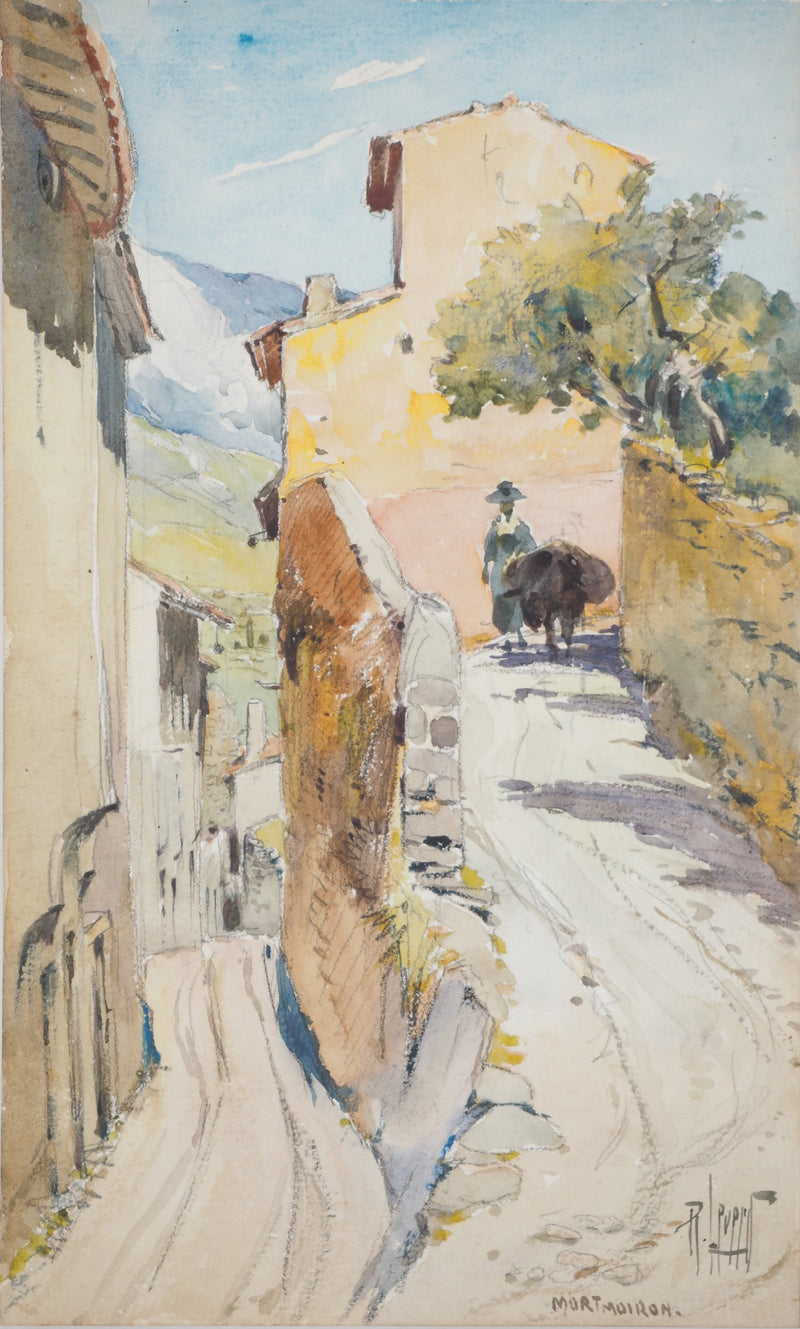 René LEVERD : Dans les ruelles de MorMoiron, Aquarelle originale signée