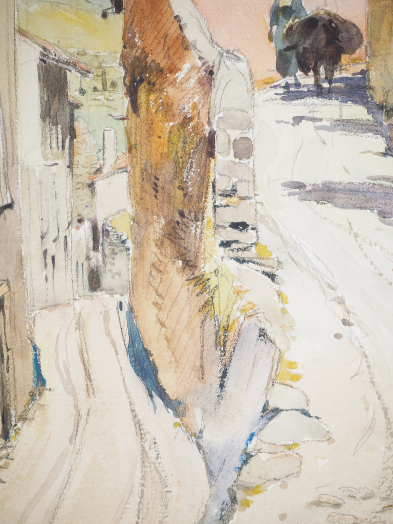 René LEVERD : Dans les ruelles de MorMoiron, Aquarelle originale signée