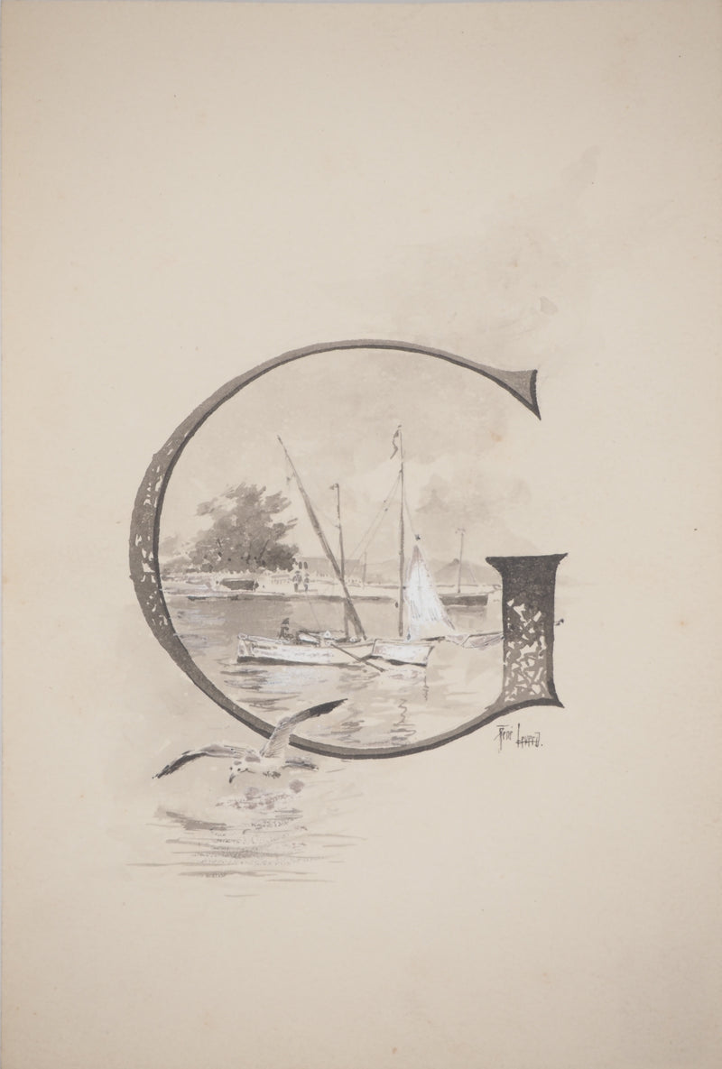 René LEVERD : Lettrine, le G, Aquarelle originale signée