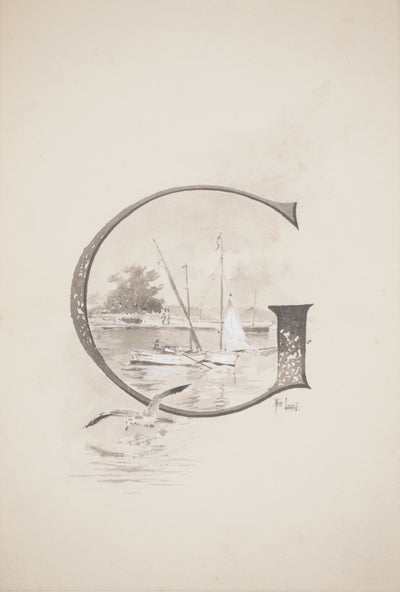 René LEVERD : Lettrine, le G, Aquarelle originale signée