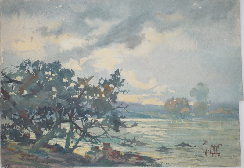 René LEVERD : L’arbre au bord de l’eau, Aquarelle originale signée