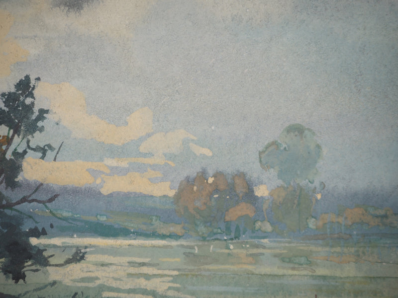 René LEVERD : L’arbre au bord de l’eau, Aquarelle originale signée