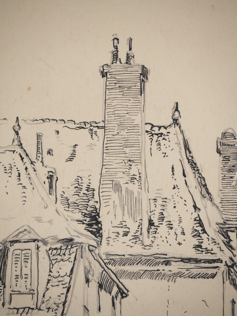 René LEVERD : Dans les ruelles, Dessin original signé
