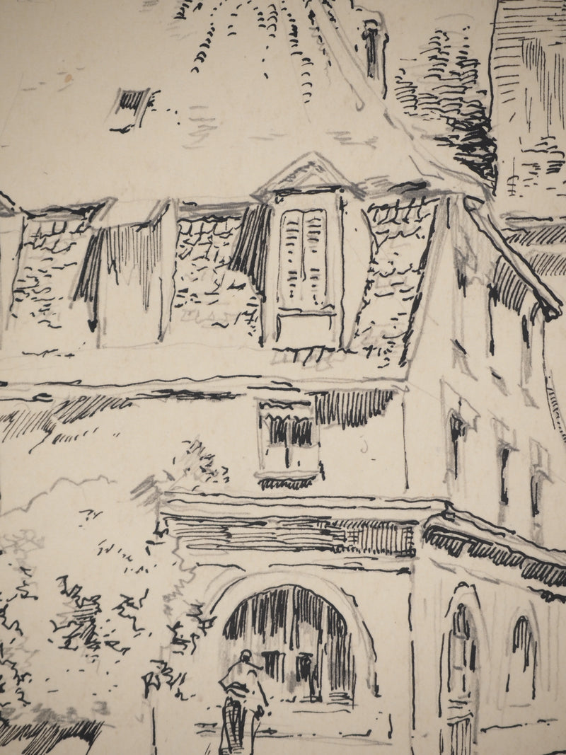 René LEVERD : Dans les ruelles, Dessin original signé