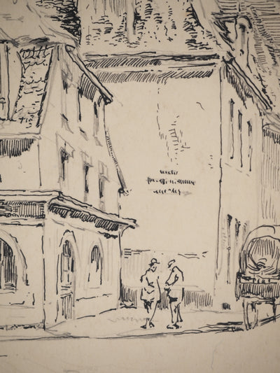 René LEVERD : Dans les ruelles, Dessin original signé