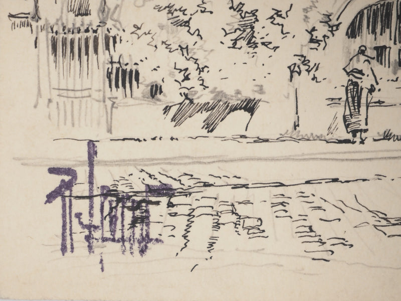 René LEVERD : Dans les ruelles, Dessin original signé