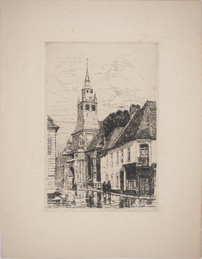 René LEVERD : Le clocher du village, Gravure originale signée