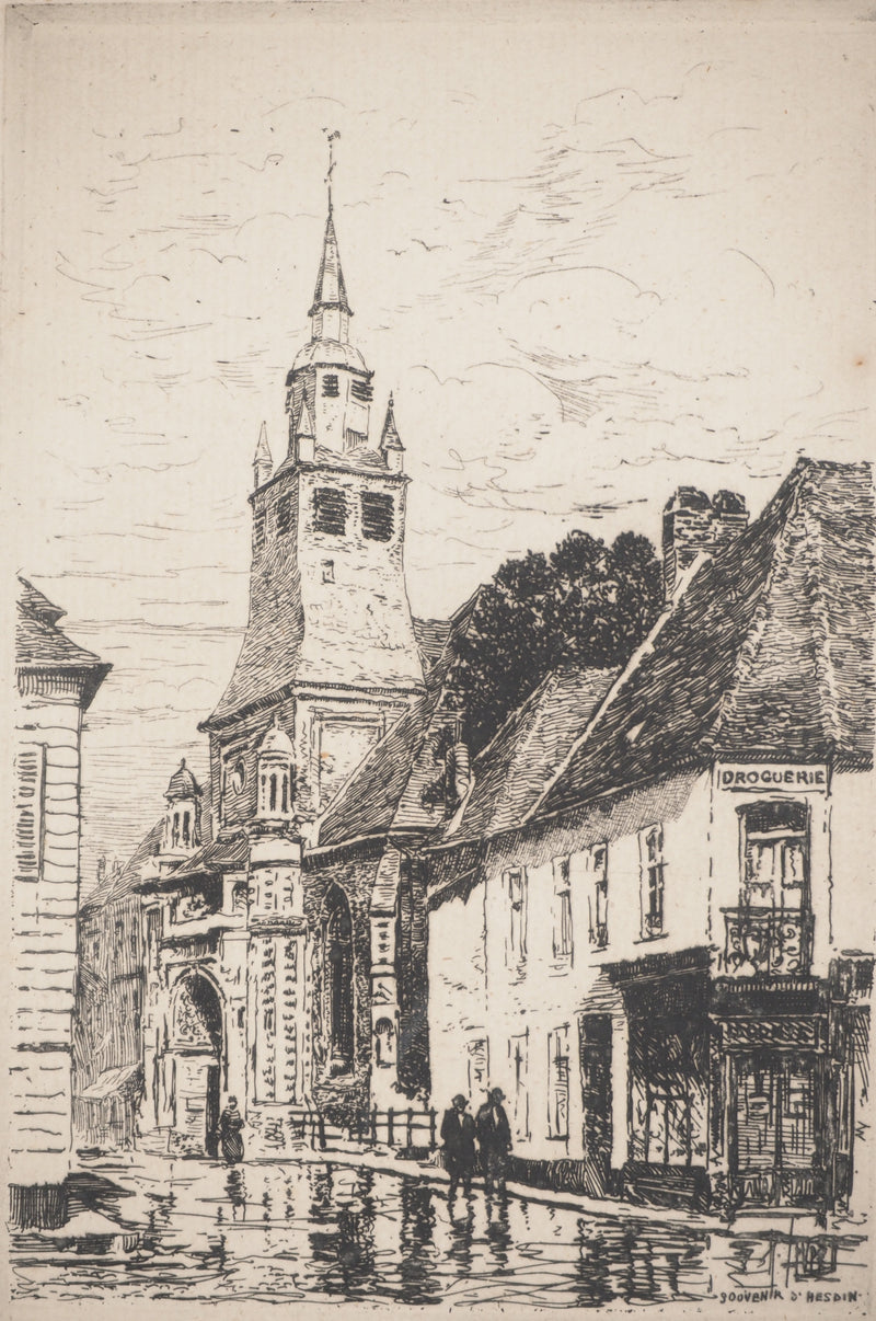 René LEVERD : Le clocher du village, Gravure originale signée
