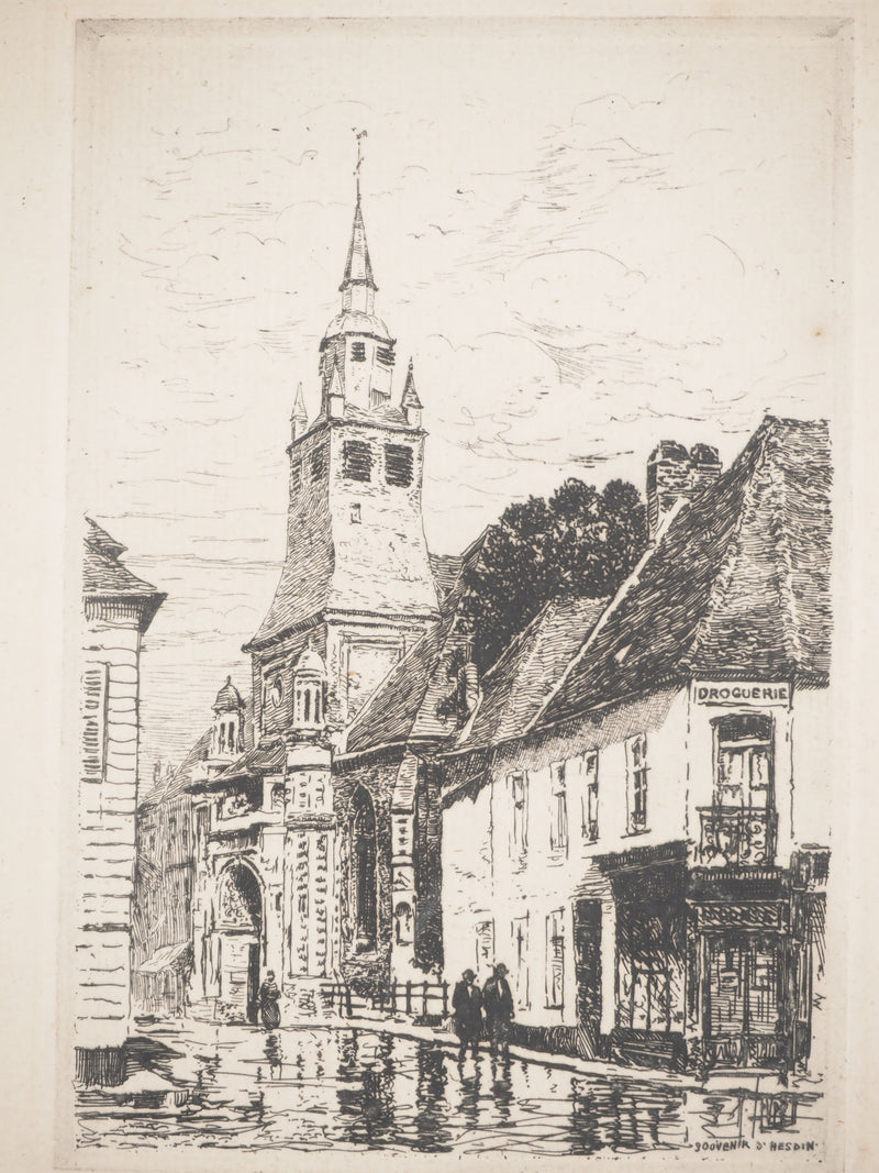 René LEVERD : Le clocher du village, Gravure originale signée