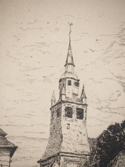 René LEVERD : Le clocher du village, Gravure originale signée