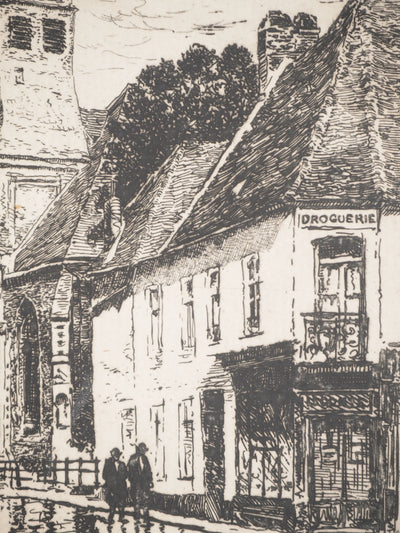 René LEVERD : Le clocher du village, Gravure originale signée
