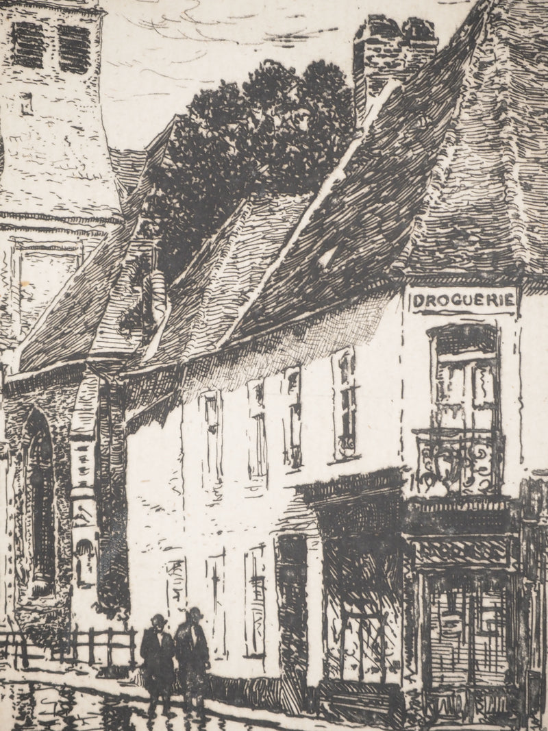 René LEVERD : Le clocher du village, Gravure originale signée