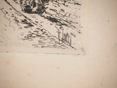 René LEVERD : Sur la route du village, Gravure originale signée