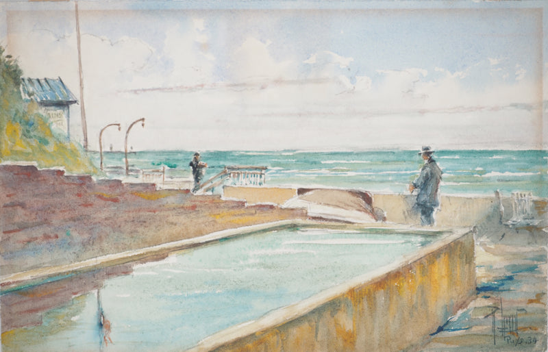 René LEVERD : Bassin sur la mer, Aquarelle originale signée