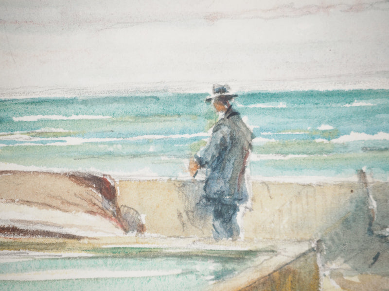 René LEVERD : Bassin sur la mer, Aquarelle originale signée