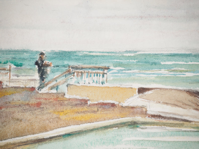 René LEVERD : Bassin sur la mer, Aquarelle originale signée