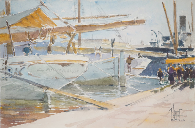 René LEVERD : Promenade au Vieux-Port, Marseille, Aquarelle originale signée