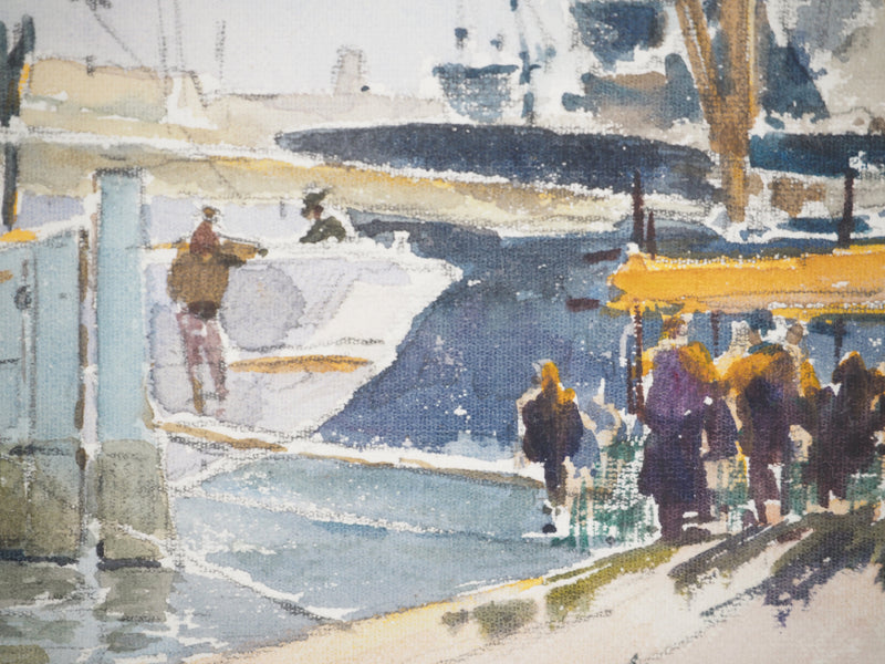René LEVERD : Promenade au Vieux-Port, Marseille, Aquarelle originale signée