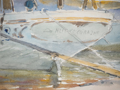 René LEVERD : Promenade au Vieux-Port, Marseille, Aquarelle originale signée