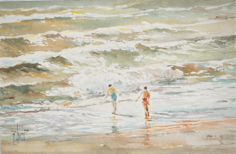 René LEVERD : Deux enfants dans la mer, Aquarelle originale signée