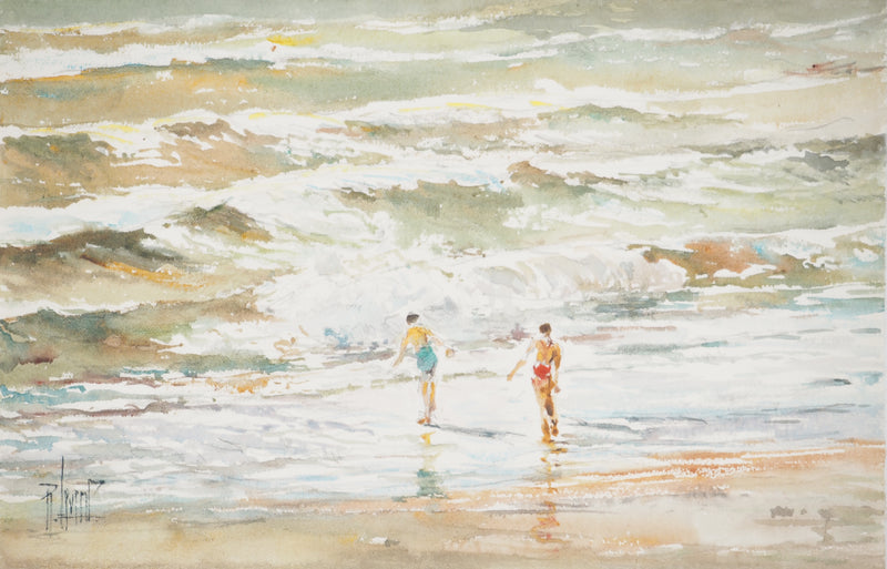 René LEVERD : Deux enfants dans la mer, Aquarelle originale signée