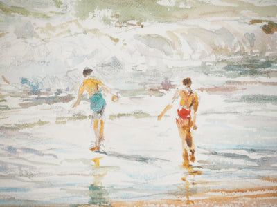 René LEVERD : Deux enfants dans la mer, Aquarelle originale signée