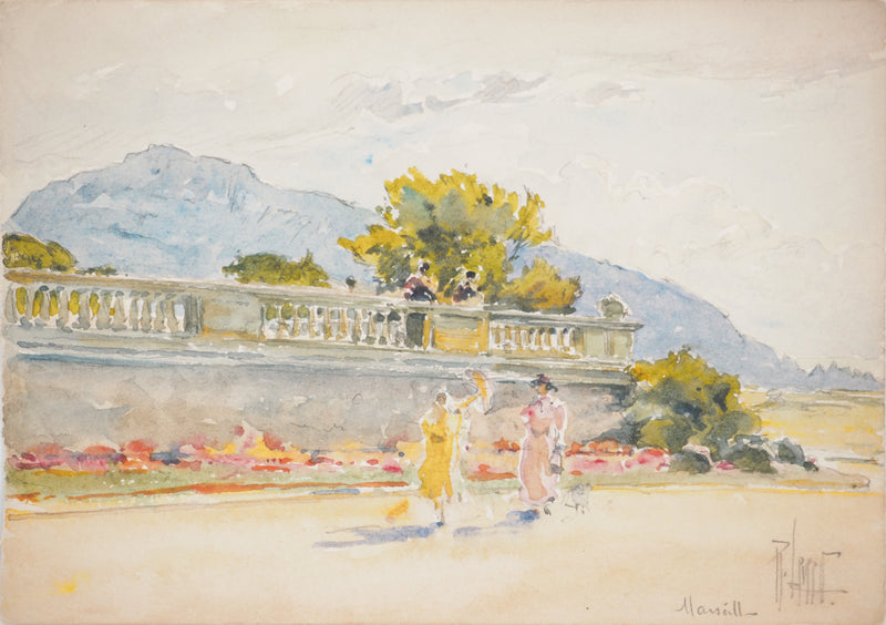 René LEVERD : Dans le parc de Marseille, Aquarelle originale signée