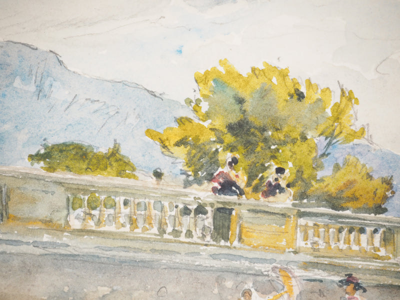 René LEVERD : Dans le parc de Marseille, Aquarelle originale signée