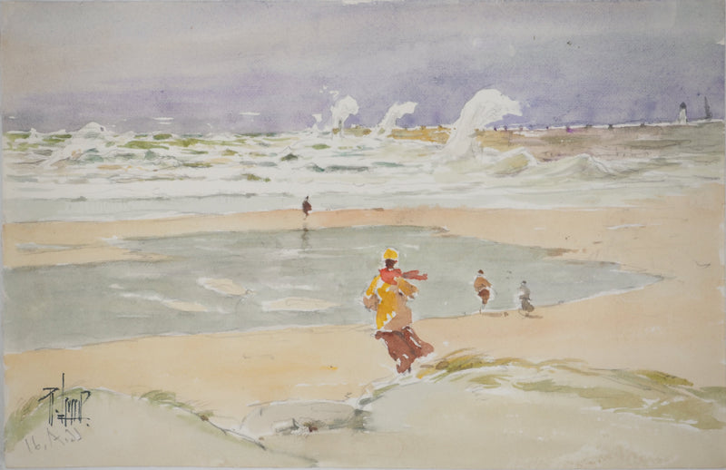 René LEVERD : Sur la plage, Le Portel, Aquarelle originale signée
