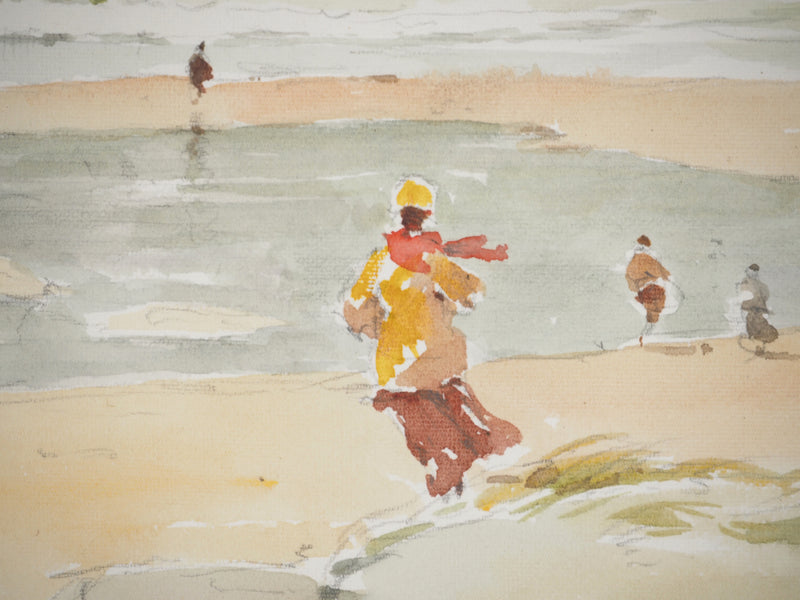 René LEVERD : Sur la plage, Le Portel, Aquarelle originale signée