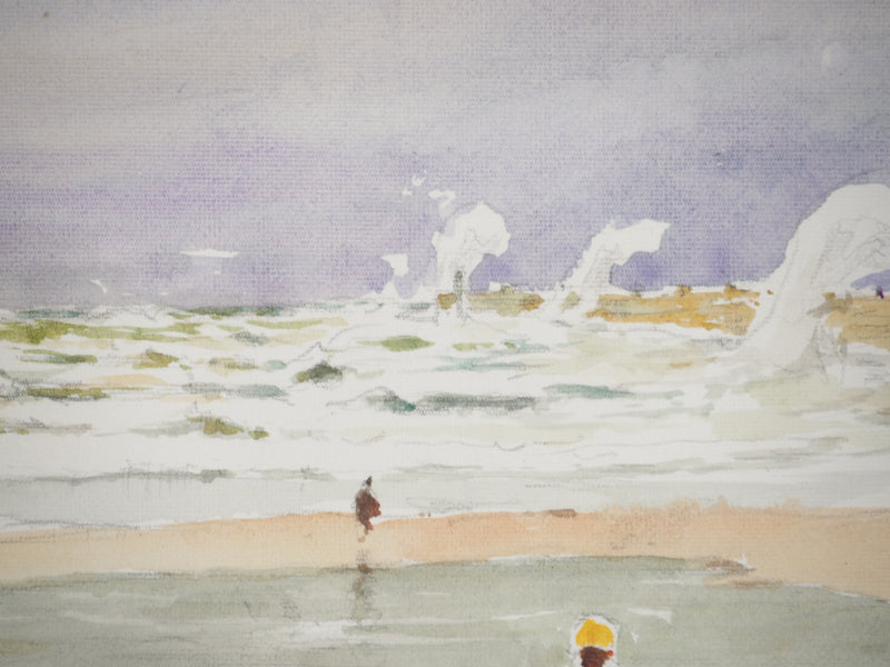 René LEVERD : Sur la plage, Le Portel, Aquarelle originale signée