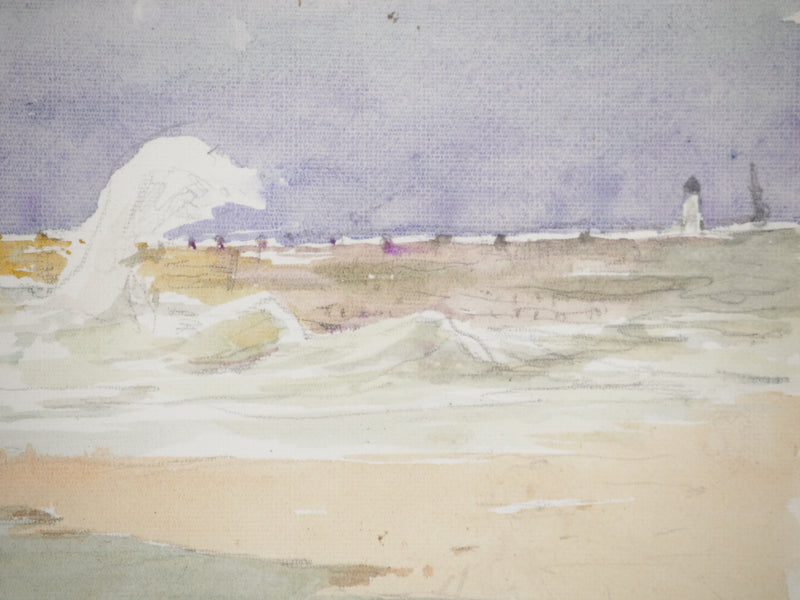 René LEVERD : Sur la plage, Le Portel, Aquarelle originale signée