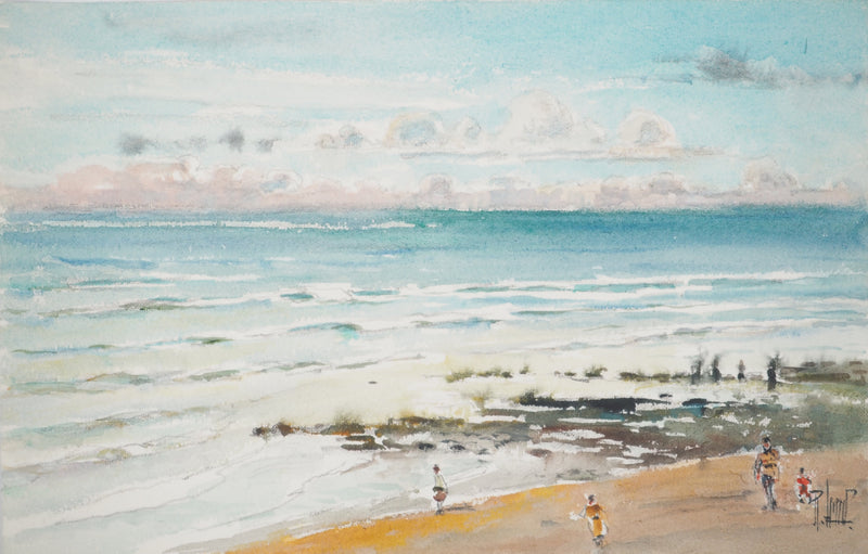 René LEVERD : Baignade sous les nuages, Aquarelle originale signée
