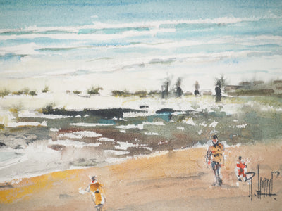 René LEVERD : Baignade sous les nuages, Aquarelle originale signée