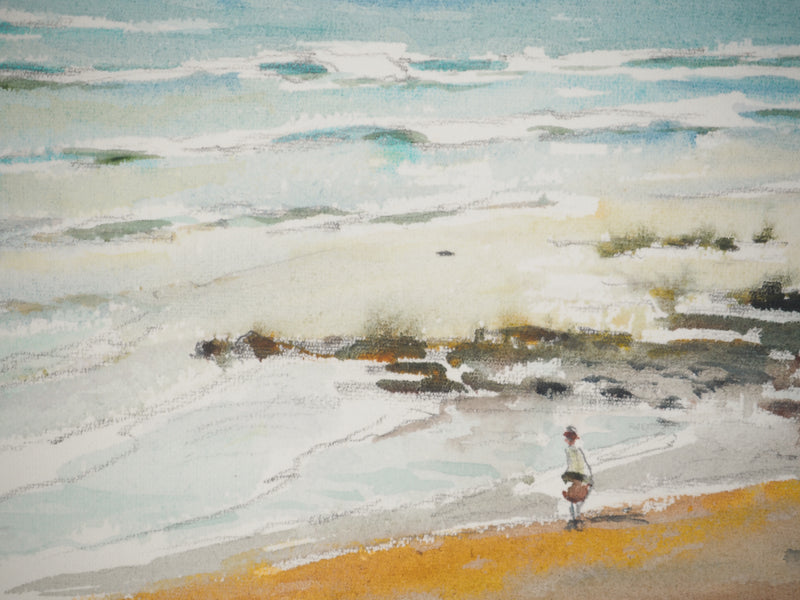 René LEVERD : Baignade sous les nuages, Aquarelle originale signée