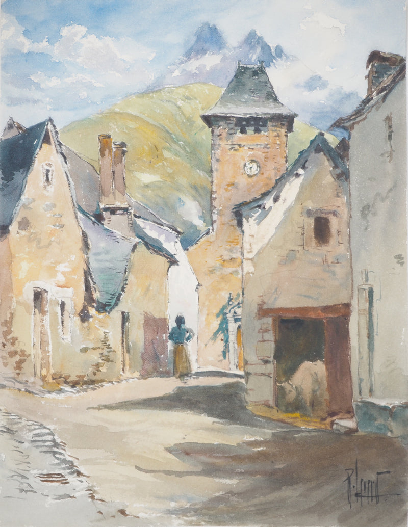 René LEVERD : Village au pieds de vallée, Osse, Pyrénées, Aquarelle originale signée