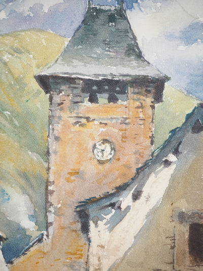 René LEVERD : Village au pieds de vallée, Osse, Pyrénées, Aquarelle originale signée