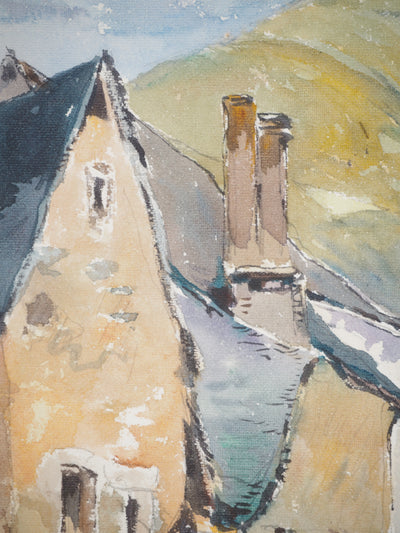 René LEVERD : Village au pieds de vallée, Osse, Pyrénées, Aquarelle originale signée