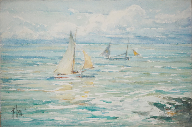 René LEVERD : Voiles au large, Aquarelle originale signée