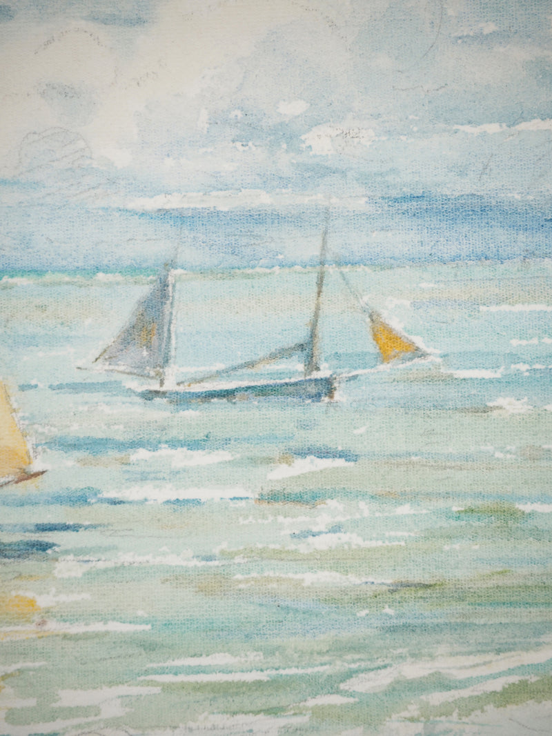 René LEVERD : Voiles au large, Aquarelle originale signée