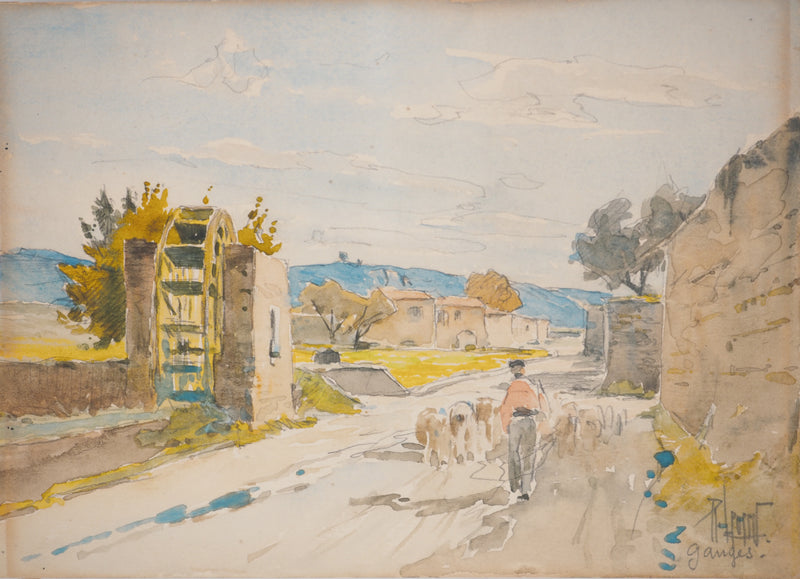 René LEVERD : Troupeau à Ganges, Aquarelle originale signée