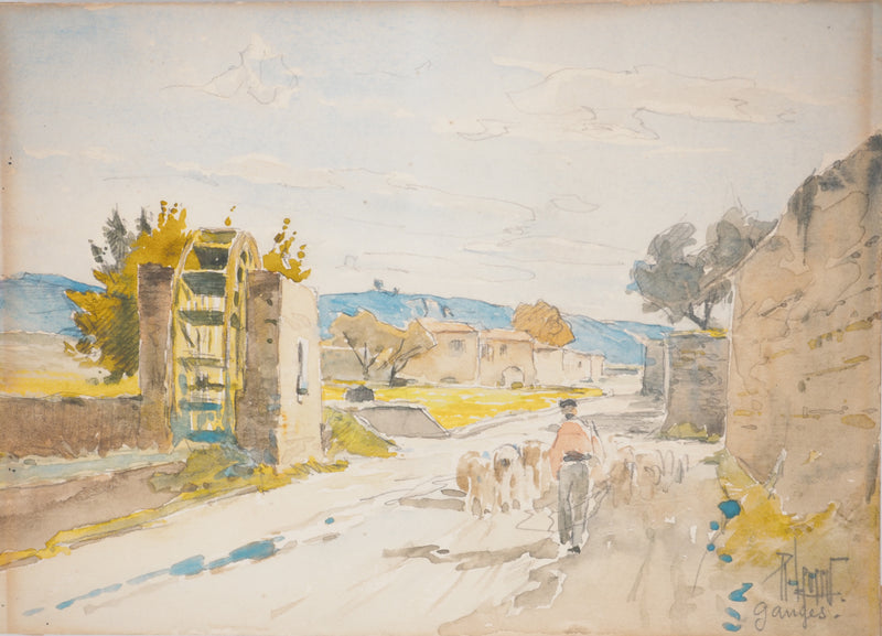 René LEVERD : Troupeau à Ganges, Aquarelle originale signée
