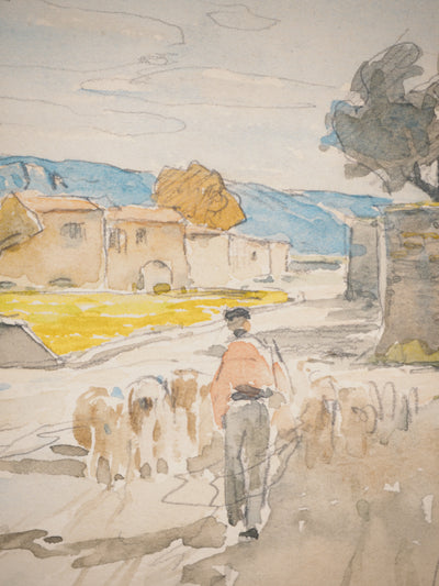 René LEVERD : Troupeau à Ganges, Aquarelle originale signée