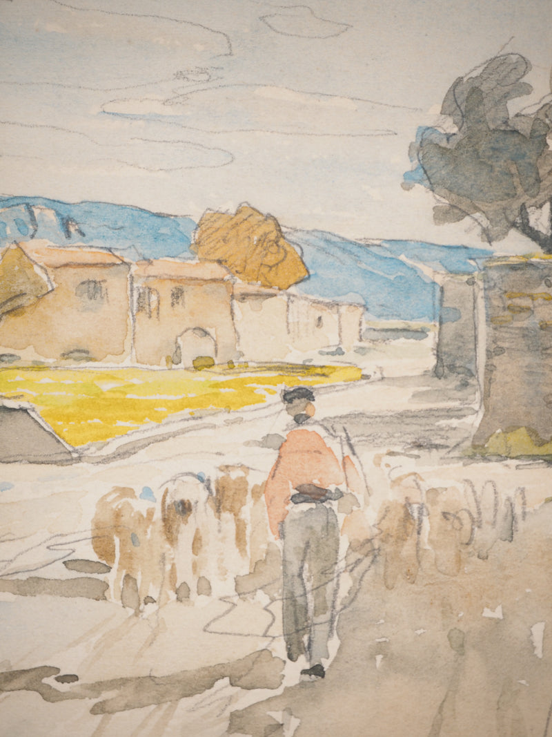 René LEVERD : Troupeau à Ganges, Aquarelle originale signée