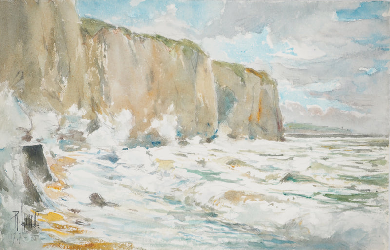 René LEVERD : Les vagues contre les falaises, Aquarelle originale signée